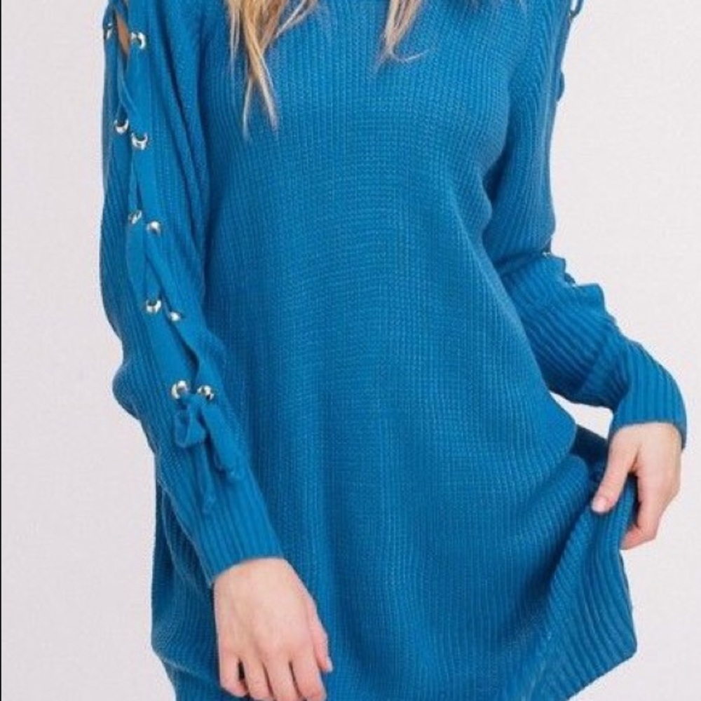Blue Lace Up Sleeve Sweater Pull Over Sweater Dress by Listicle Knit Dress NWT